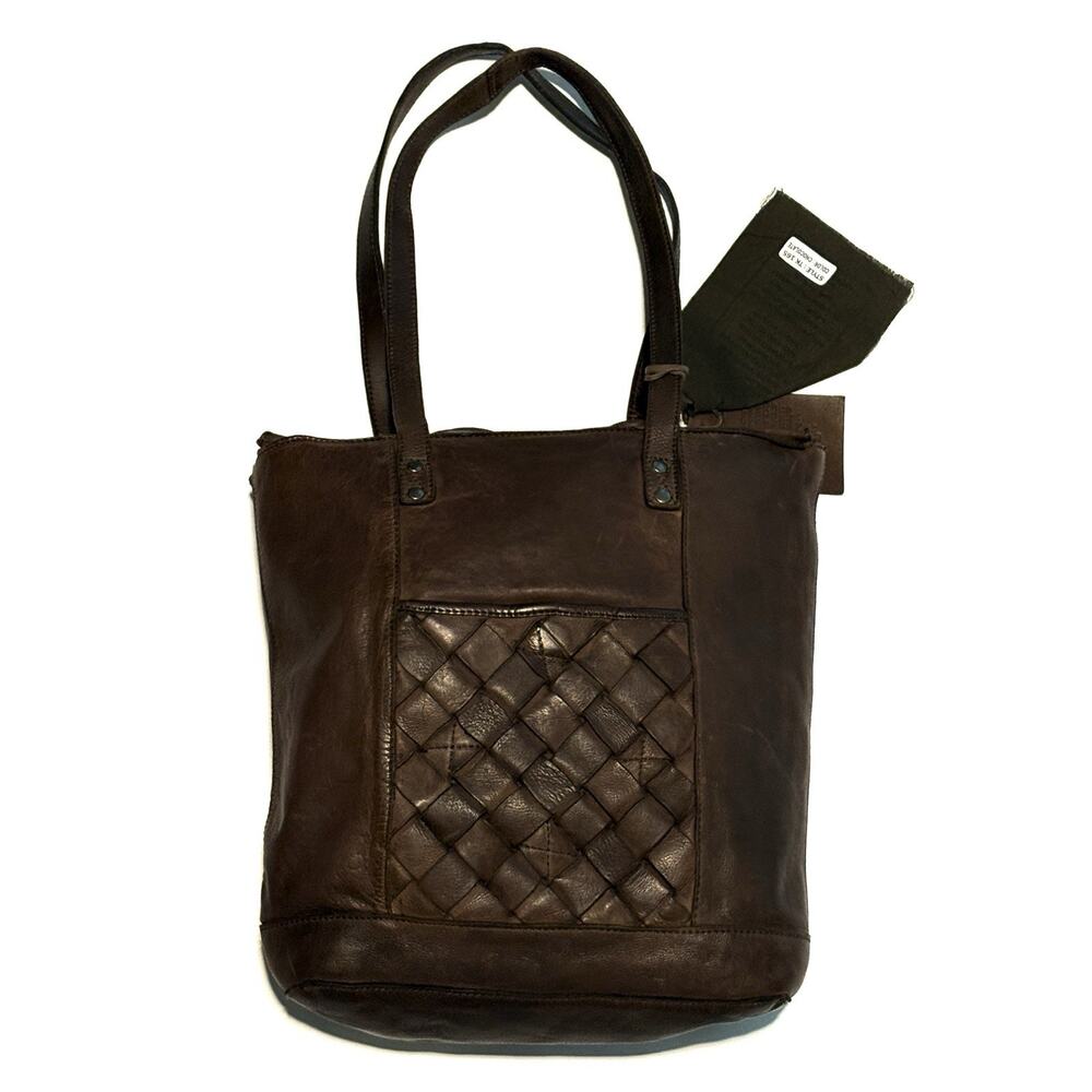 Vilenca Holland Leather Tote Shoulder Bag Dark Chocolate Brown Distressed Woven